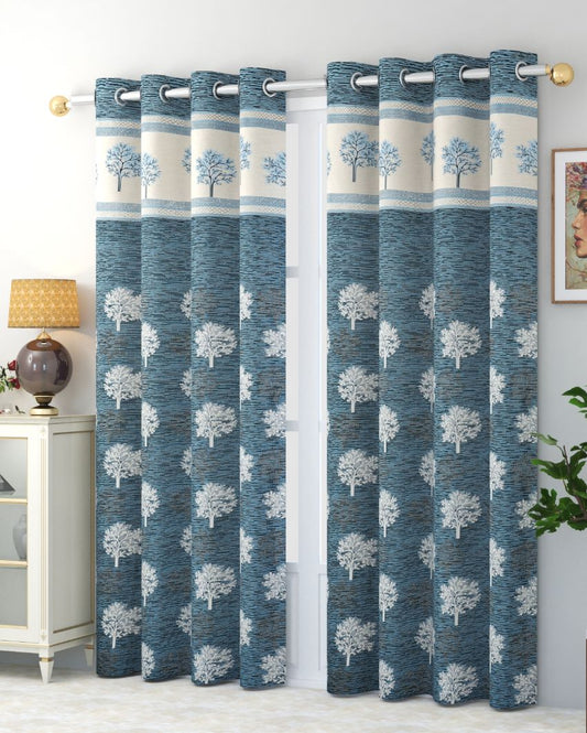 Dark Blue Jacquard Polyester Jute Curtains | Set of 2 |  9 Ft