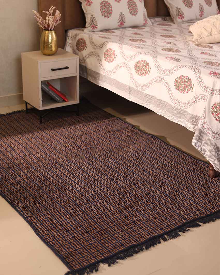 Ethnic Touch Abstract Chenille Velvet Carpet | 5 Feet x 7 Feet Dark Blue