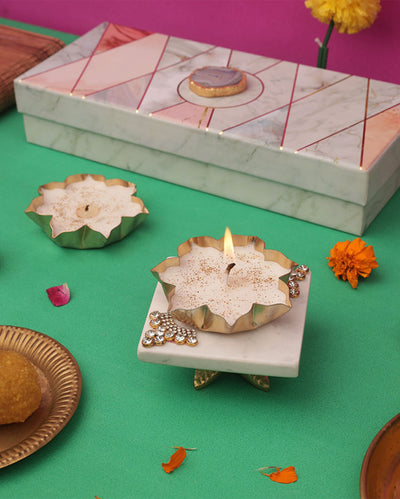 Square Marble Pooja Chowki with 2 Metal Tealights Set