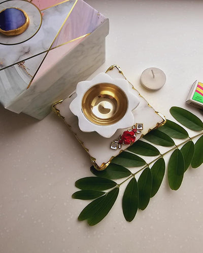 Handcarved Sunflower Diya & Brass Bowl Marble Pooja Chowki   | 4 x 4 x 3 inches