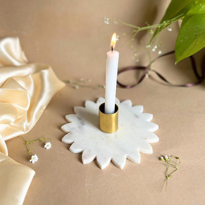 Elegant Handmade White Marble Sunflower Candle Holder | 4 x 2 inches