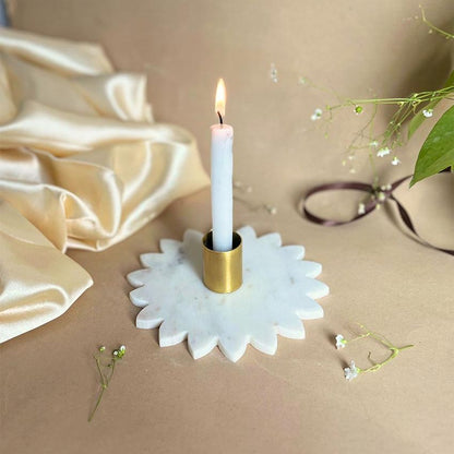 Elegant Handmade White Marble Sunflower Candle Holder | 4 x 2 inches