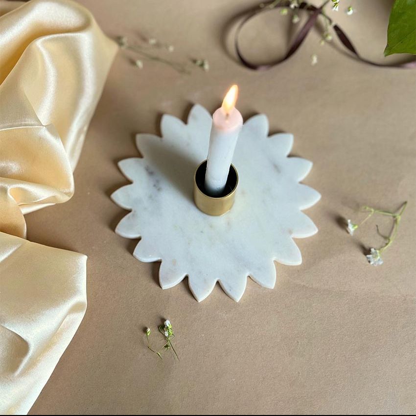 Elegant Handmade White Marble Sunflower Candle Holder | 4 x 2 inches