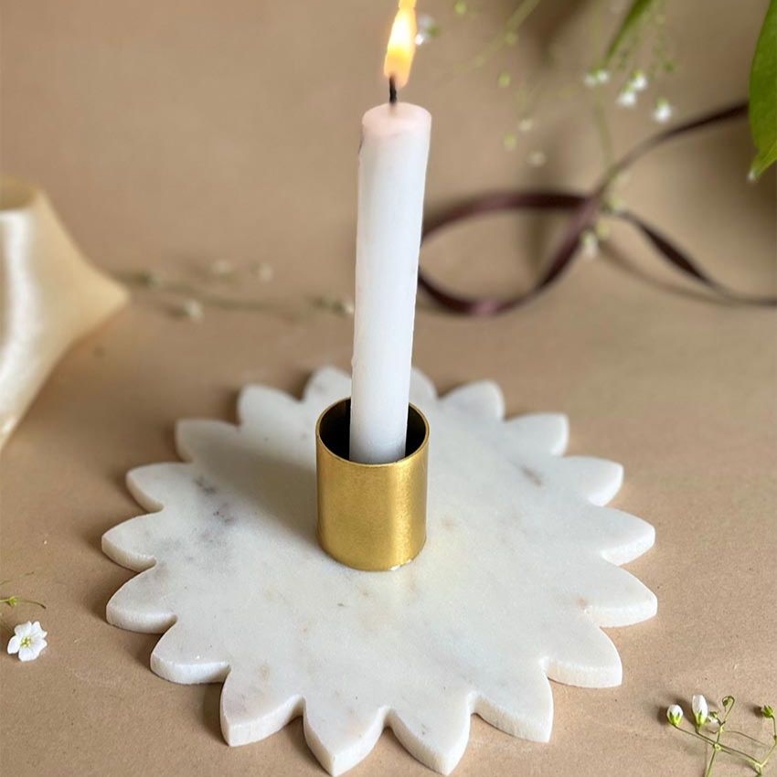 Elegant Handmade White Marble Sunflower Candle Holder | 4 x 2 inches