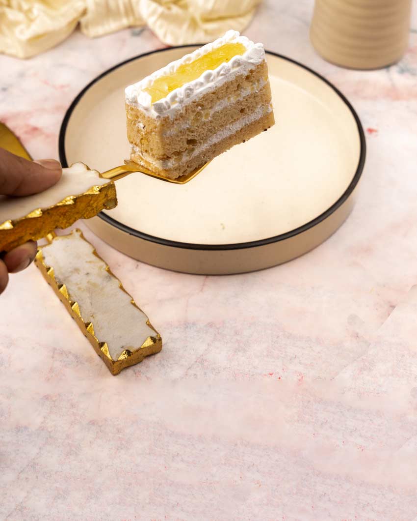 Elegant Marble and Metal Cake Server with Gold Leafing | 9 x 2 x 1 inches