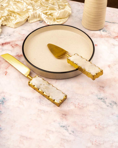 Elegant Marble and Metal Cake Server with Gold Leafing | 9 x 2 x 1 inches