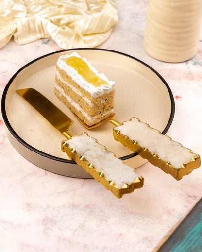 Elegant Marble and Metal Cake Server with Gold Leafing | 9 x 2 x 1 inches