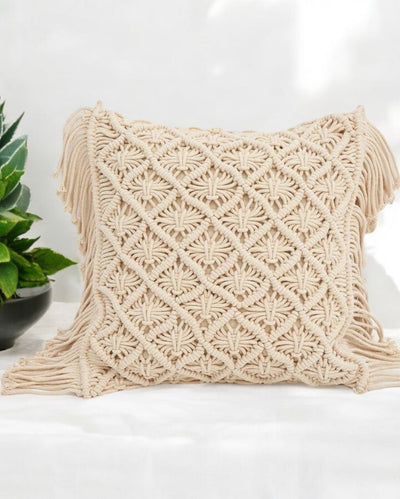 Stylish Knots Hand Knotted Macrame Cushion Cover | 16 x 16 inches