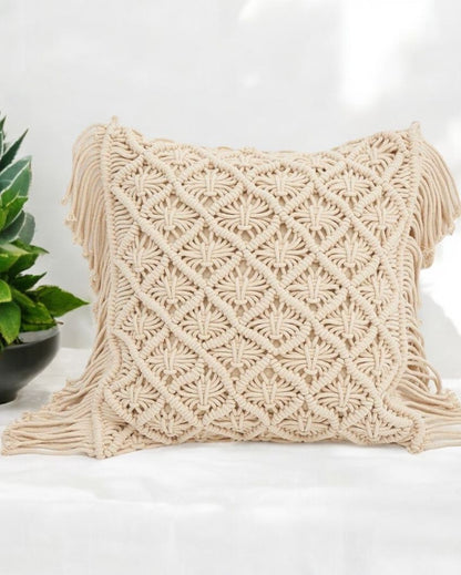 Stylish Knots Hand Knotted Macrame Cushion Cover | 16 x 16 inches