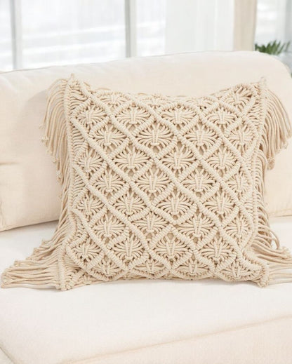 Stylish Knots Hand Knotted Macrame Cushion Cover | 16 x 16 inches