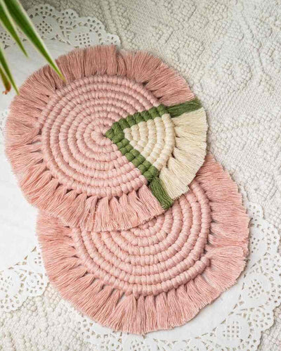 Macrame Handcrafted Pink Round Coasters | Set Of 2