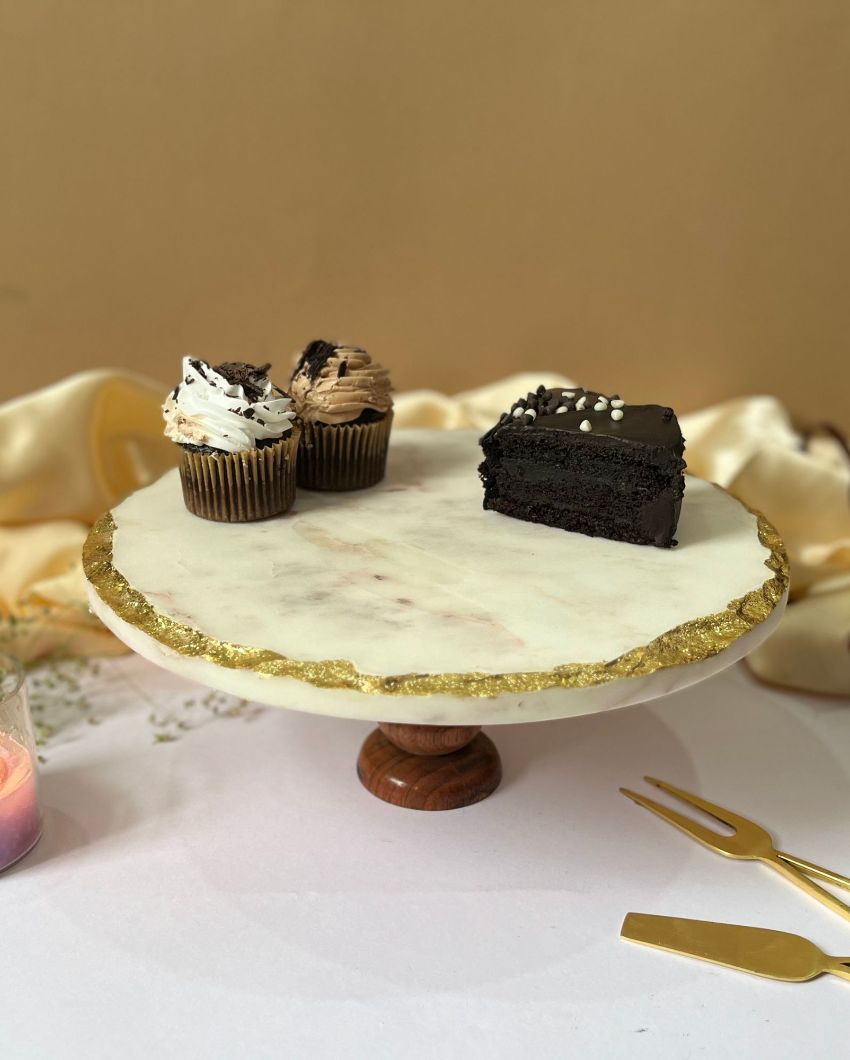 Classic Design Round Marble Cake Stand With Wood