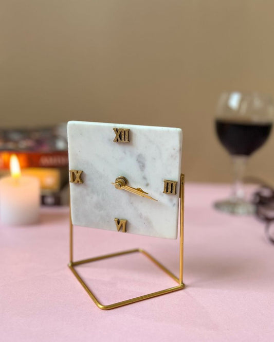 Square Marble Desktop Clock With Metal Stand