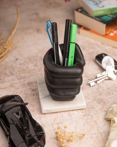 Stylish Workspace Fist Design Pen Stand Marble Base Desk Organizer | 4 x 4 x 4 inches