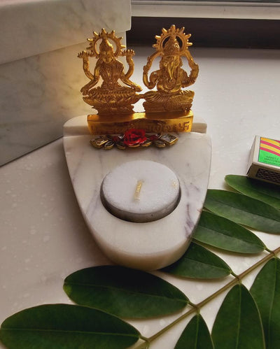 Laxmi Ganesha with Marble Base Tea Light  | 4 x 4.5 x 4 inches