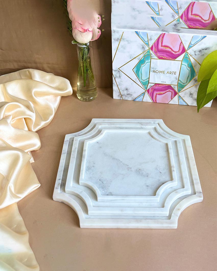 Luxurious Natural White Marble Serving Platter | Set of 3