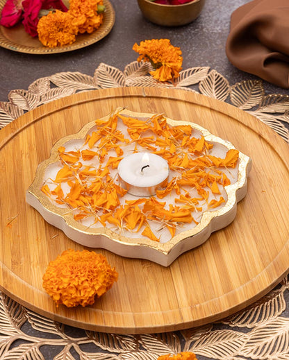 Decorative White Marble Rangoli Shape Platter | 6 inches