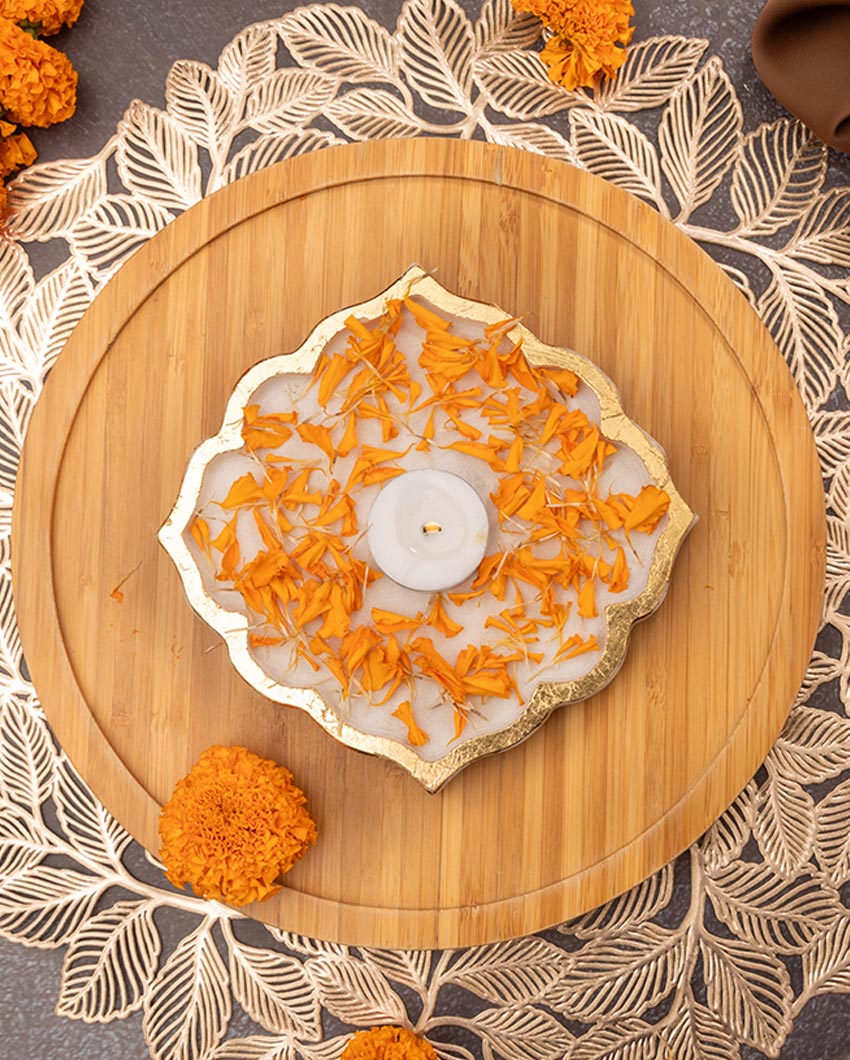 Decorative White Marble Rangoli Shape Platter | 6 inches