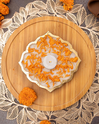 Decorative White Marble Rangoli Shape Platter | 6 inches