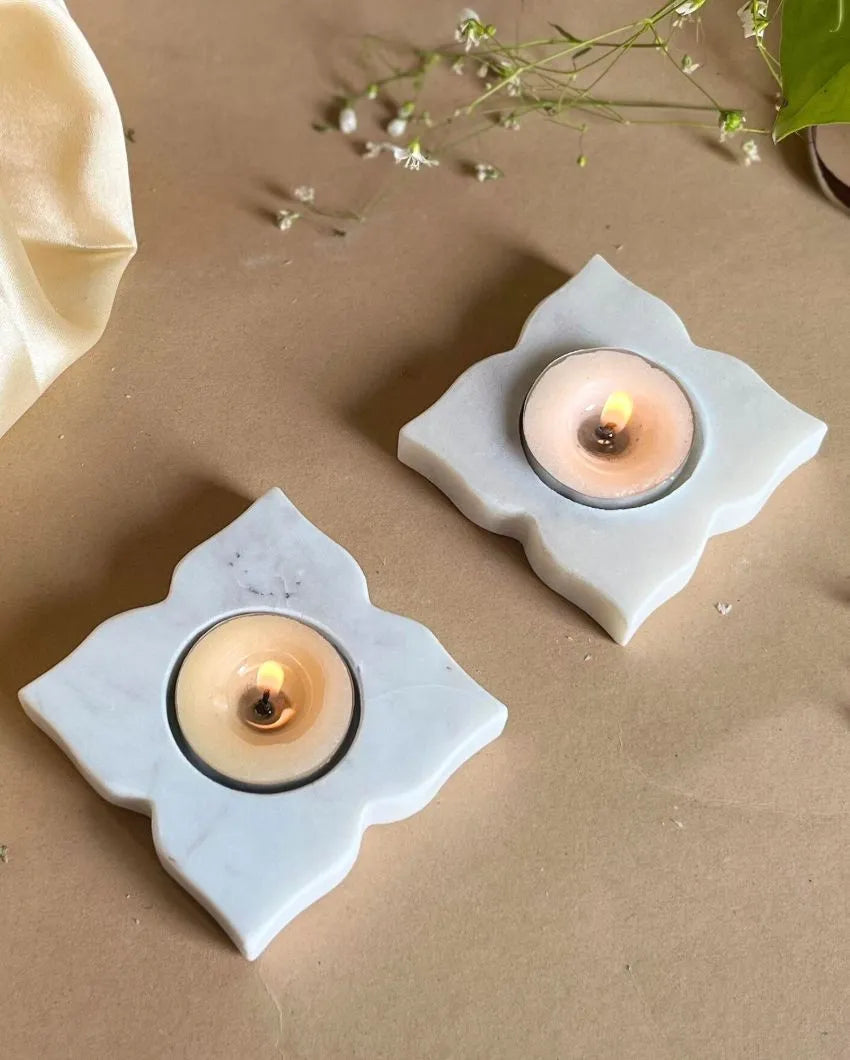 White Marble Leaf Shaped Tea Light Candle Holders | Set Of 2