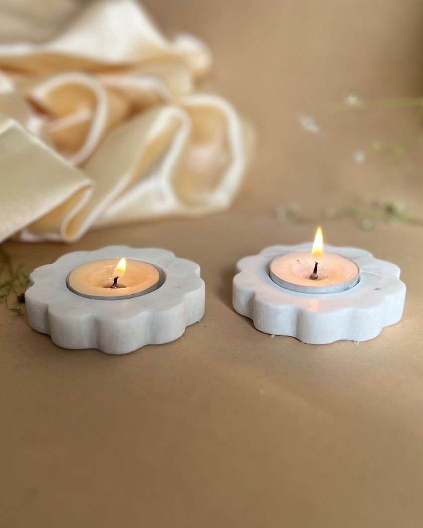 Floral Shaped White Marble Tea Light Candle Holders | Set Of 2