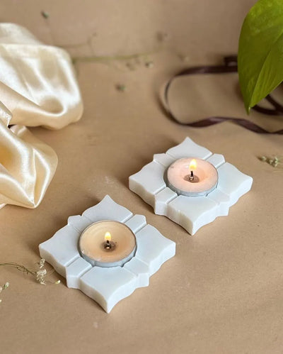 Line Leaf Shaped White Marble Tea Light Candle Holder | Set Of 2