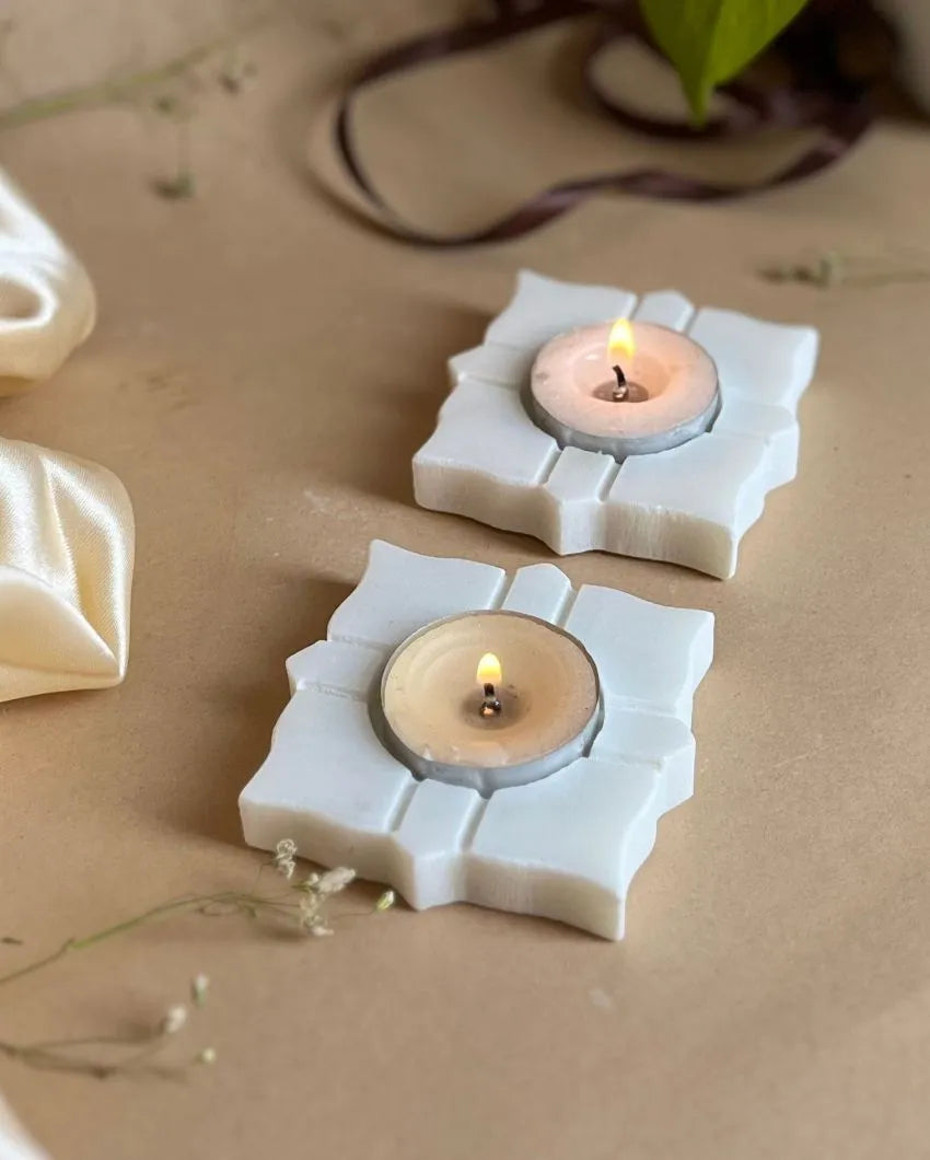 Line Leaf Shaped White Marble Tea Light Candle Holder | Set Of 2