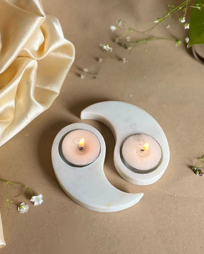 White Marble Yin Yang Shaped Tea Light Candle Holder | Set Of 2