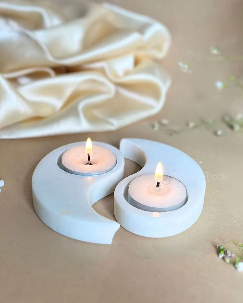 White Marble Yin Yang Shaped Tea Light Candle Holder | Set Of 2