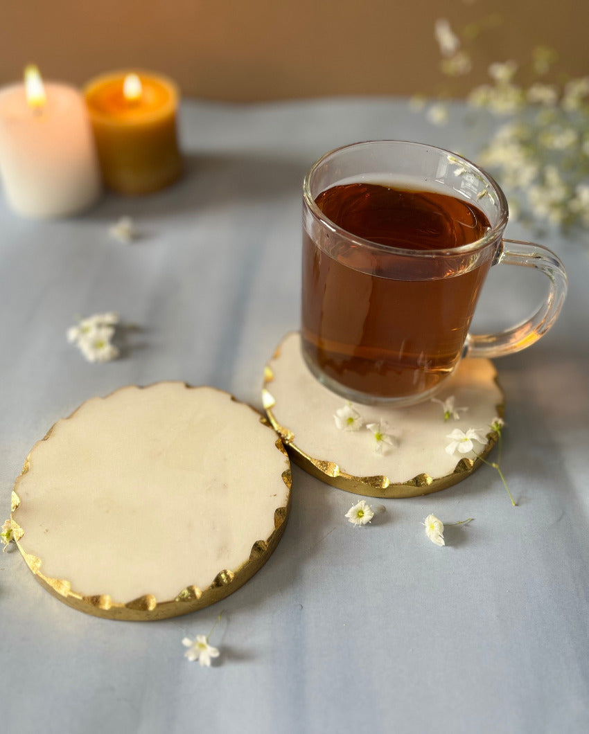 Ageless Round White Marble Coasters Set Of 2