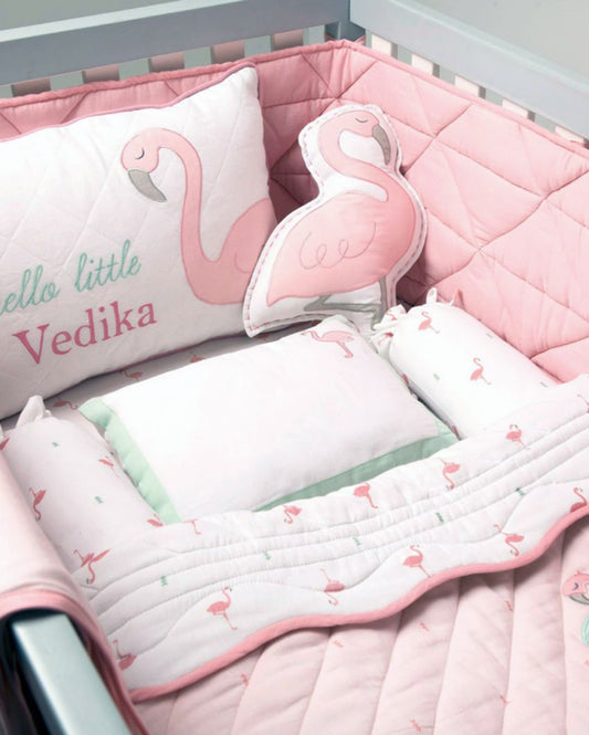 Hello Flamingo Organic Cotton Cot Bedding Set With Dohar Blanket | 6 Pieces