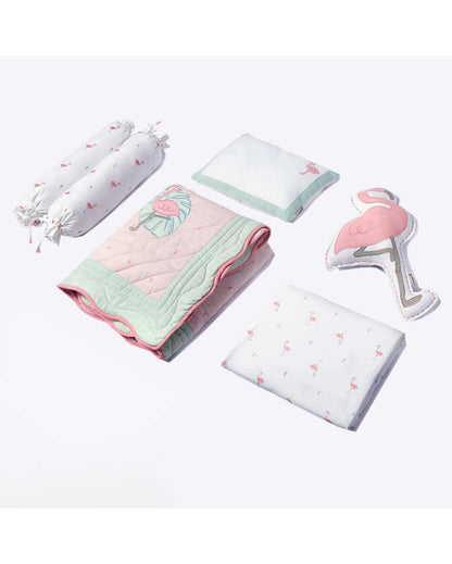 Hello Flamingo Organic Cotton Cot Bedding Set With Dohar Blanket | 6 Pieces