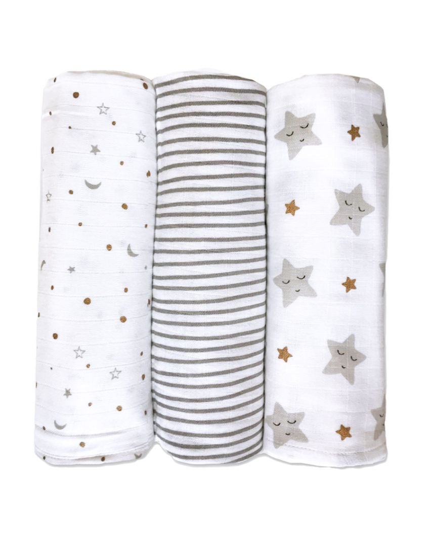 Sleepy Star Metallic Organic Muslin Swaddles | Set Of 3 | 42 x 42 inches