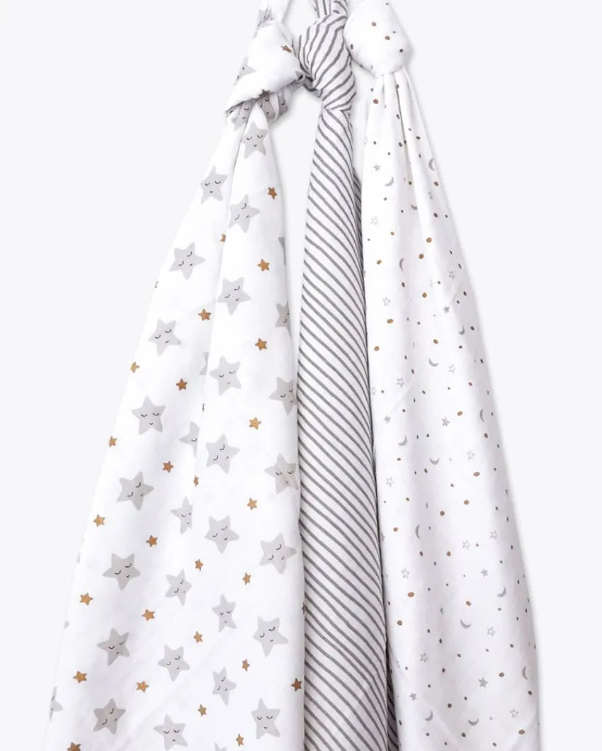 Sleepy Star Metallic Organic Muslin Swaddles | Set of 3 | 42 x 42 inches