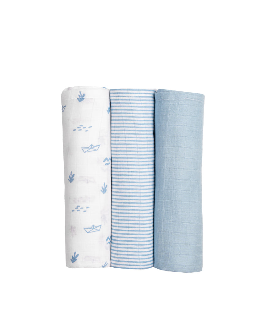 Charming Boat Organic Muslin Swaddles | Set of 3 | 40 x 40 inches