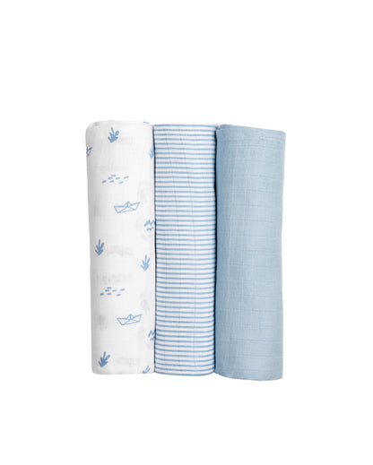 Charming Boat Organic Muslin Swaddles | Set of 3 | 40 x 40 inches