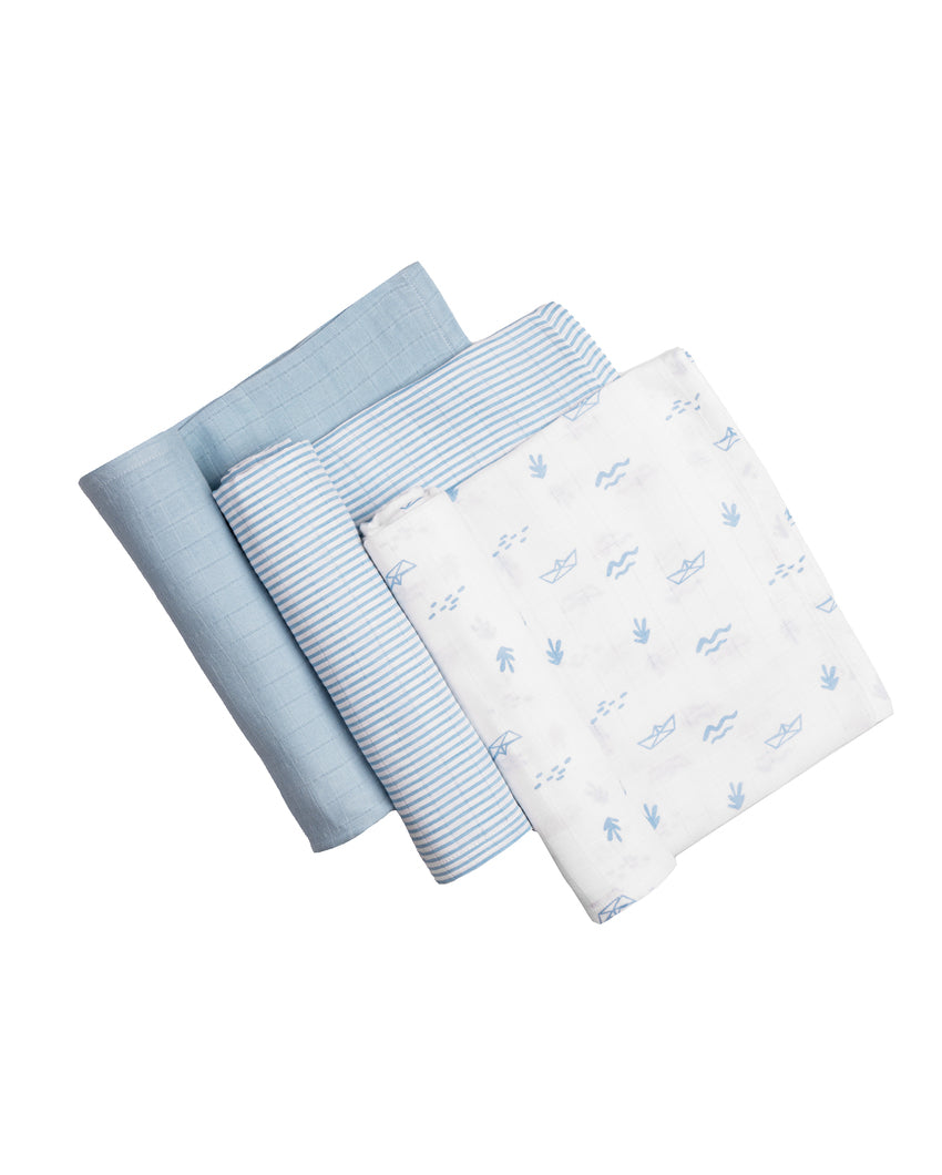 Charming Boat Organic Muslin Swaddles | Set of 3 | 40 x 40 inches