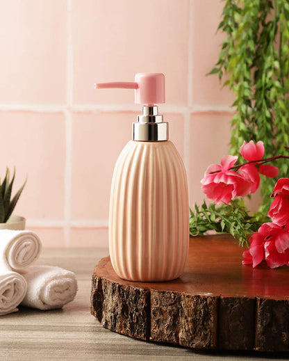 Beautiful Ribbed Ceramic Peach Shade Soap Dispenser | 3 x 7 inches