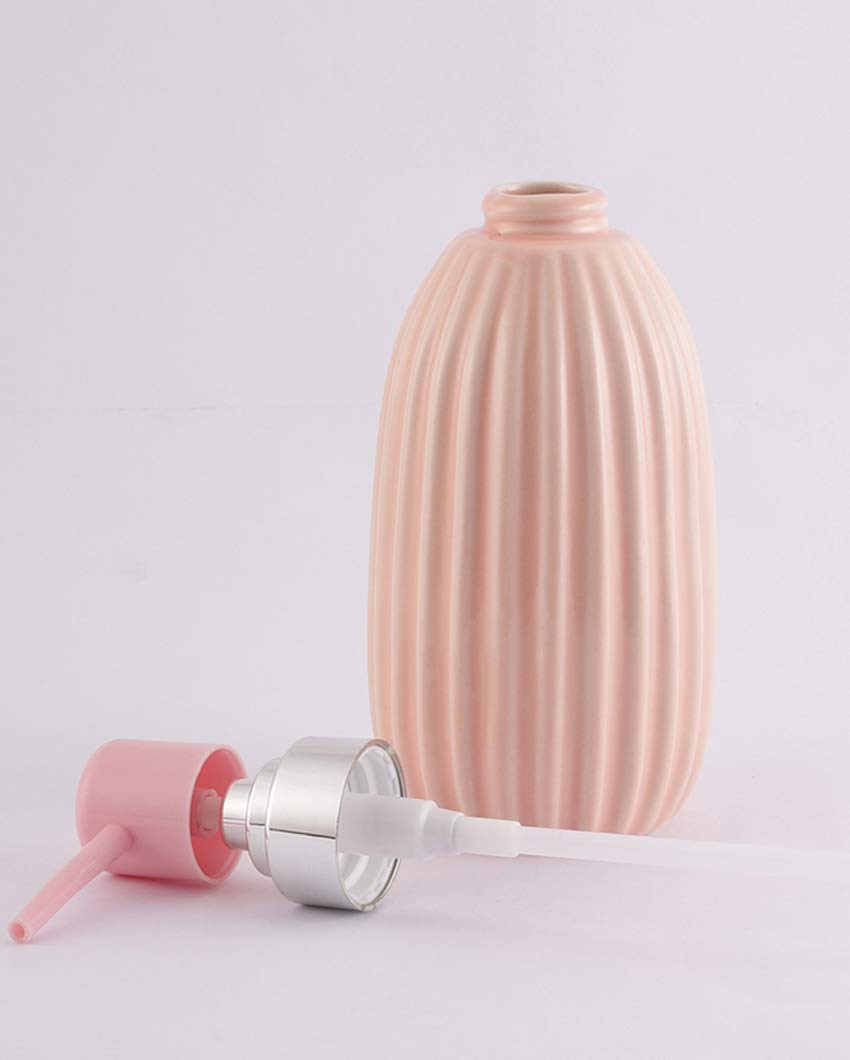 Beautiful Ribbed Ceramic Peach Shade Soap Dispenser | 3 x 7 inches