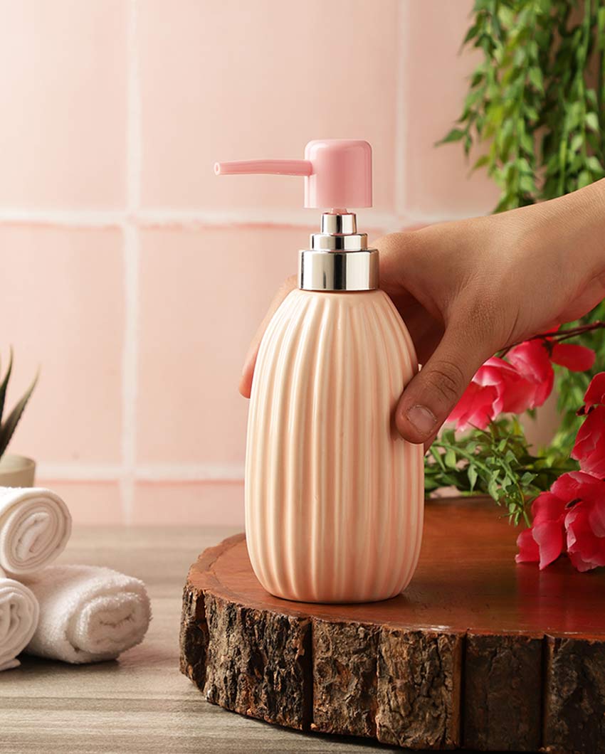 Beautiful Ribbed Ceramic Peach Shade Soap Dispenser | 3 x 7 inches