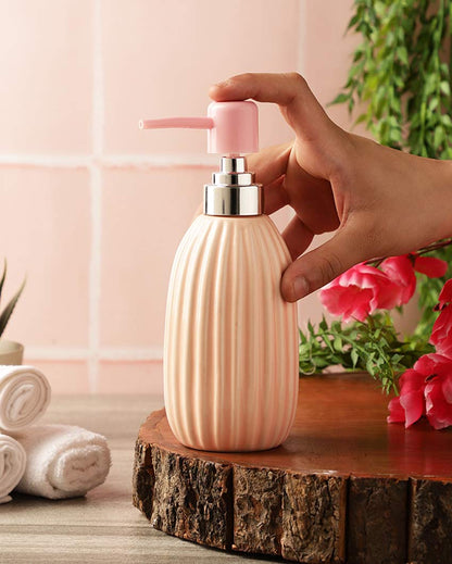 Beautiful Ribbed Ceramic Peach Shade Soap Dispenser | 3 x 7 inches