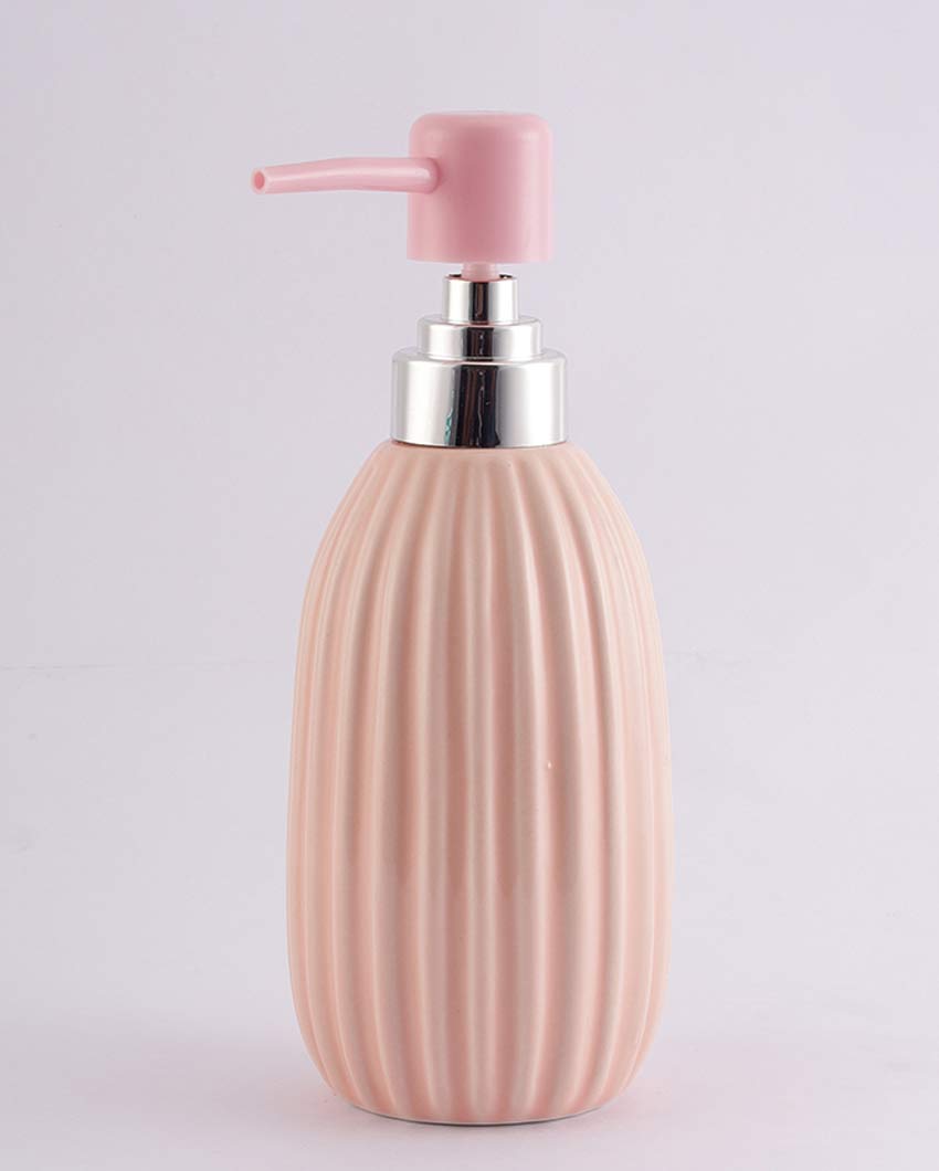 Beautiful Ribbed Ceramic Peach Shade Soap Dispenser | 3 x 7 inches