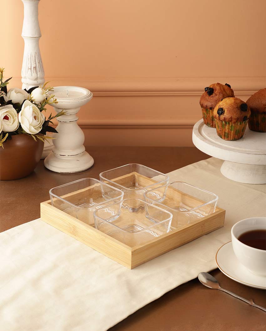 Elegant Clear & Brown Shade Bowls with Tray Combo | Pack of 5