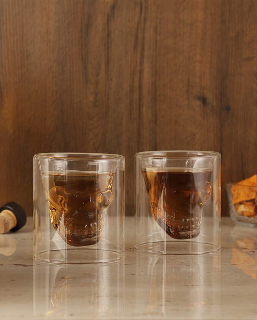 Unique Skull Design Double Wall Whiskey Glasses | Set of 2 | 3 x 5 inches