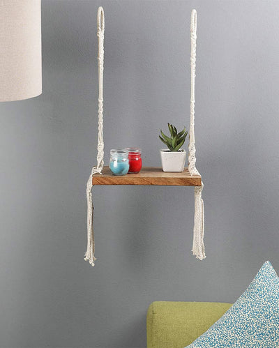 Beautiful Design White & Brown Knotted Hanging Shelf | 12 x 8 x 19 inches