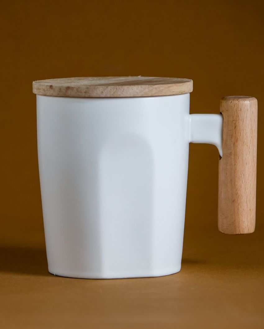 White Coffee Mug With Wooden Handle and Lid | 12 x 10 x 12 cm/ 5 x 4 x 5 inches