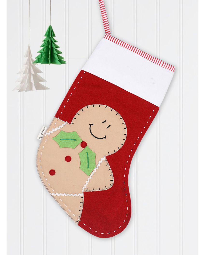 Gingerbread Man Woolen Red Christmas Stocking | 17 x 10 inches