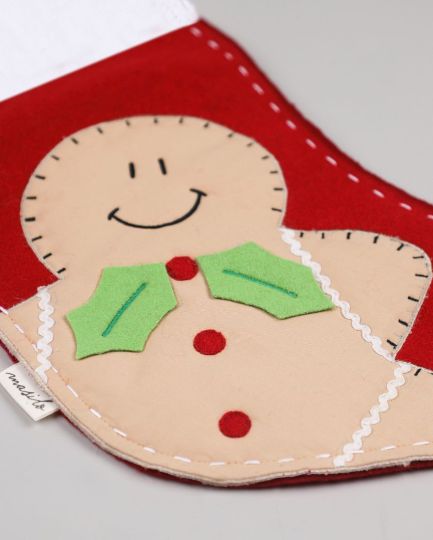 Gingerbread Man Woolen Red Christmas Stocking | 17 x 10 inches