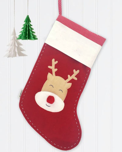 Red Nosed Reindeer Woolen Red Christmas Stocking | 17 x 10 inches