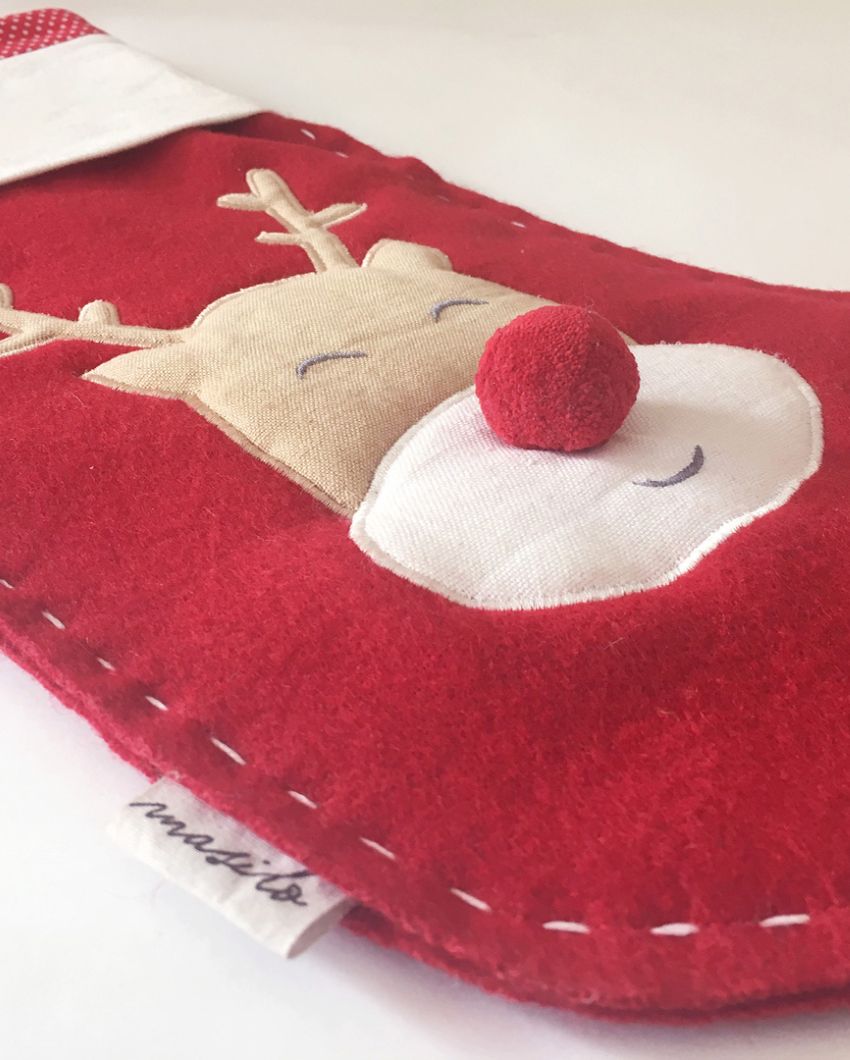 Red Nosed Reindeer Woolen Red Christmas Stocking | 17 x 10 inches